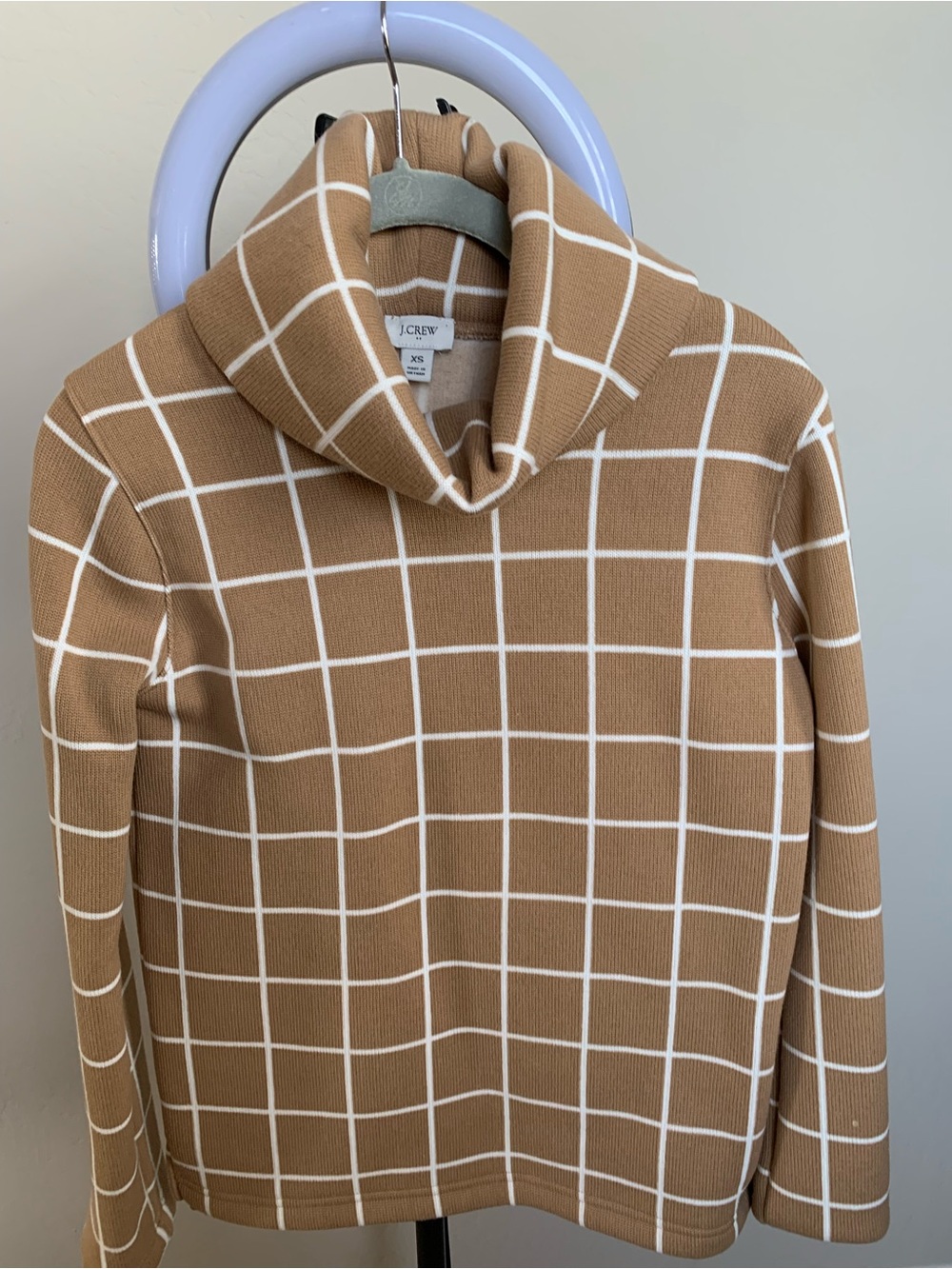J. Crew Camel and White Windowpane Turtleneck Sweater